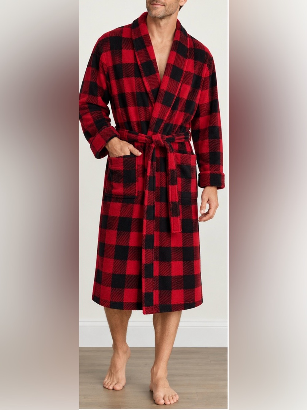 Lands’ End Men’s Medium Red Black Buffalo Plaid Fleece Robe Belted Pockets